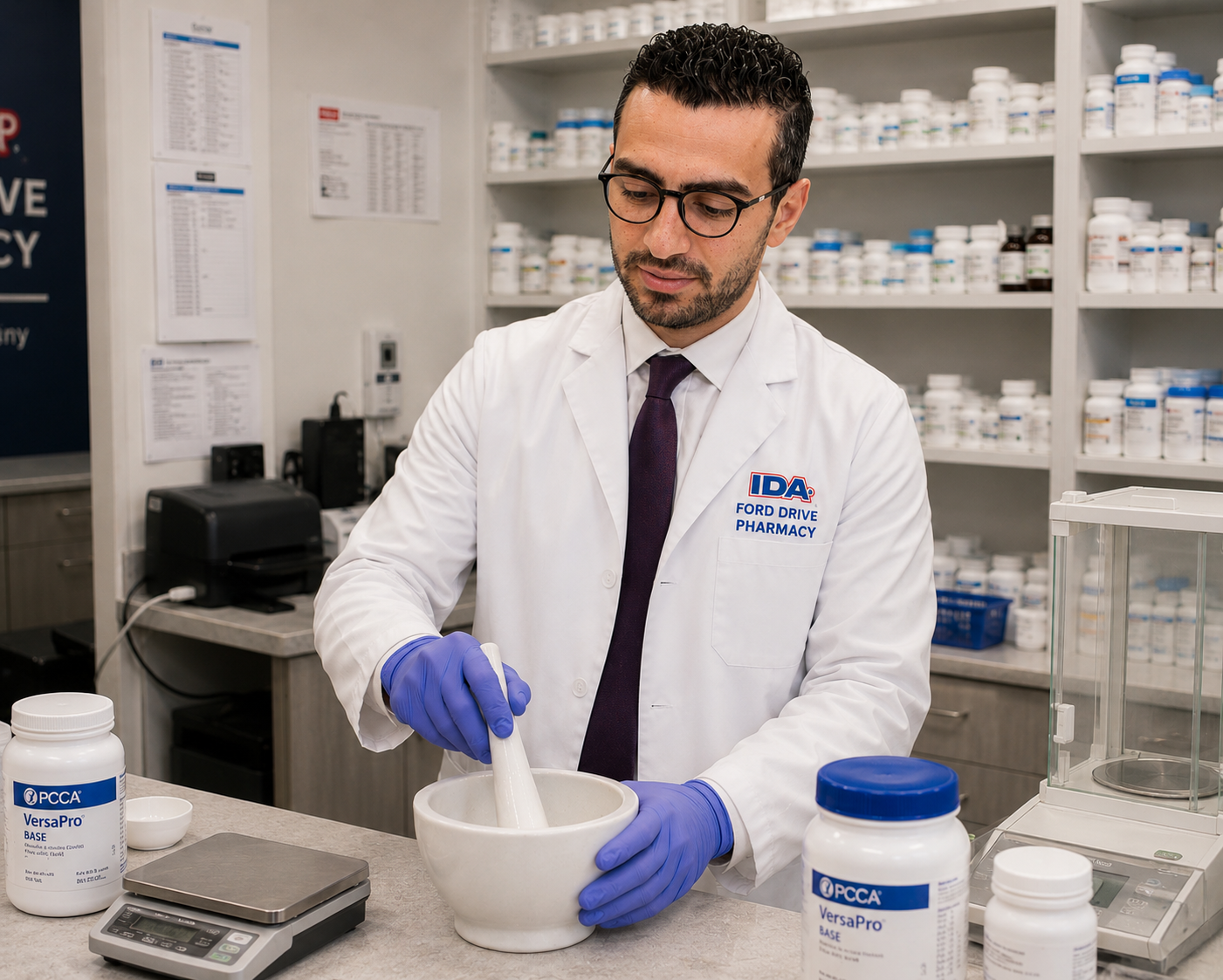 Pharmacist preparing custom compounds in our state-of-the-art lab