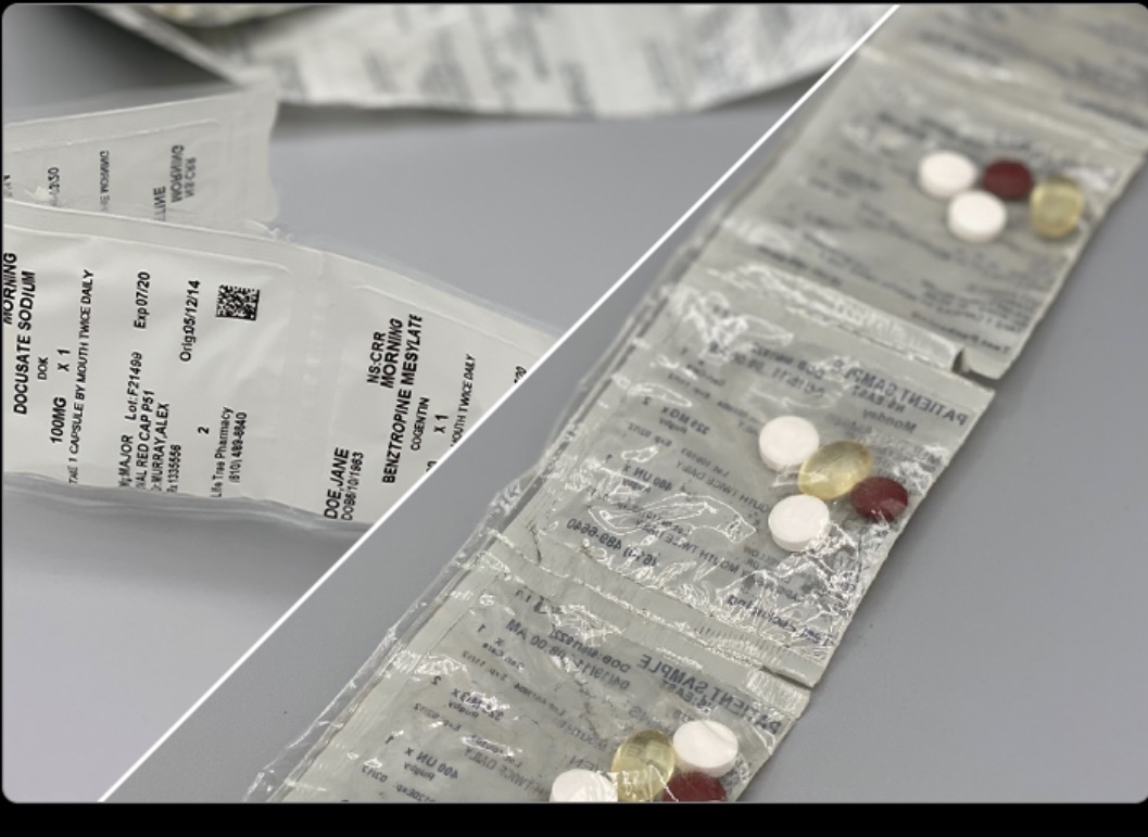 Patient sample pouches with multiple medications sealed inside